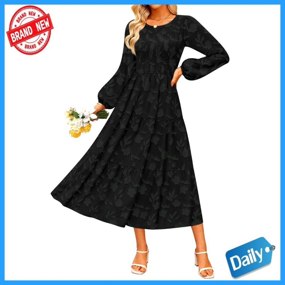 Boho Floral Midi Dress Long Sleeve Crewneck Flowy A-Line Wedding Guest Chic